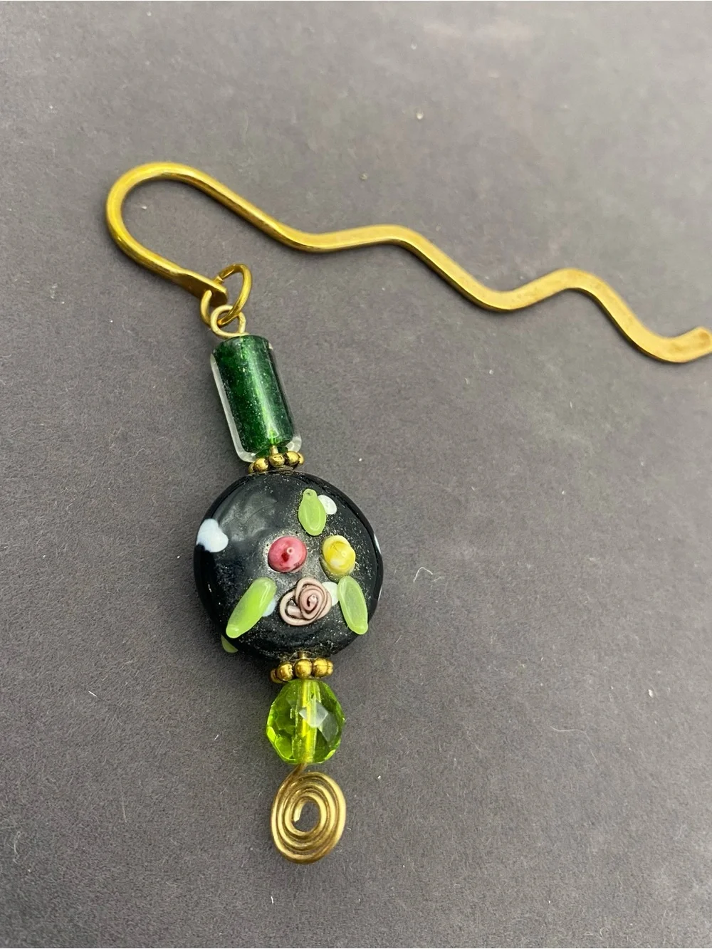 Black and Green Art Glass with Brass Floral Bookmark Charm